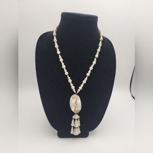 Vintage Karla Jordan Mother of pearl Faux Pearl Beaded Dangle Necklace